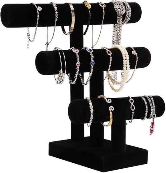 ShellKingdom Jewelry Display Tower, 3 Tier Necklace Bracelet Watch Holder Display Stand, Black Velvet T-Bar Table Top Jewelry Organizer Tower (3 tier)