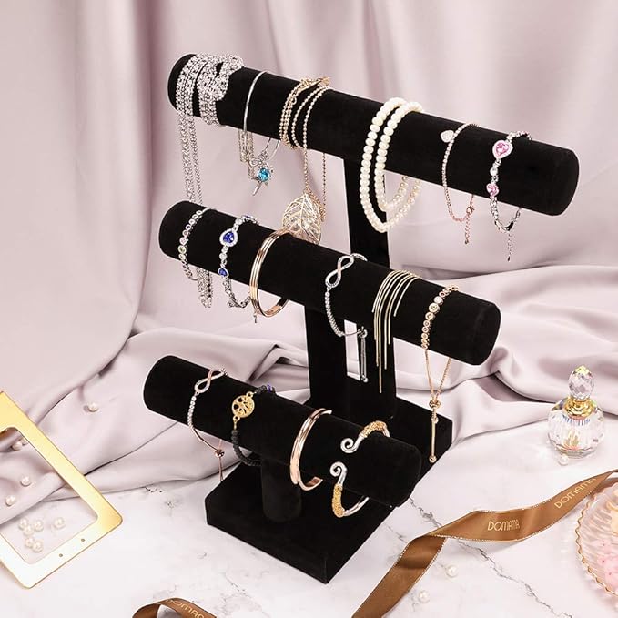 ShellKingdom Jewelry Display Tower, 3 Tier Necklace Bracelet Watch Holder Display Stand, Black Velvet T-Bar Table Top Jewelry Organizer Tower (3 tier)