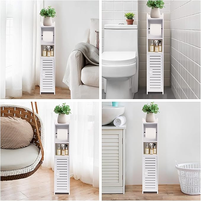 ShellKingdom Toilet Paper Holder Stand with Rods, Small Bathroom Storage Cabinet with Doors and Shelves, Slim Storage Cabinet for Bathroom Small Spaces Corner Floor - White