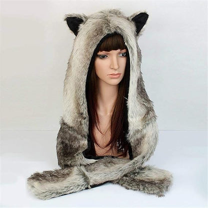 ShellKingdom Plush Novelty Animal Hat,3 in 1 Function Faux Fur Full Animal Hood Hat Winter Warmer Cap