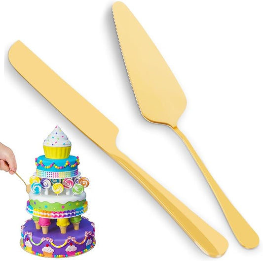 ShellKingdom Cake Knife Server Set, Cake Cutlery Knife and Shovel, Cake Cutting Set, Stainless Steel Knife Set for Weddings, Engagement, Birthday Party Christmas, Thanksgiving, Set of 2 (Gold)